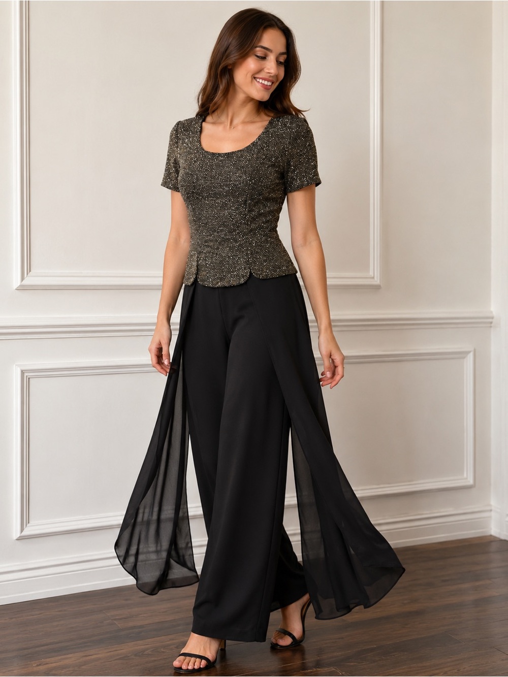 Nuit Vintage Black Metallic Layered Wide-Leg Jumpsuit Size 7/8 Cocktail Formal